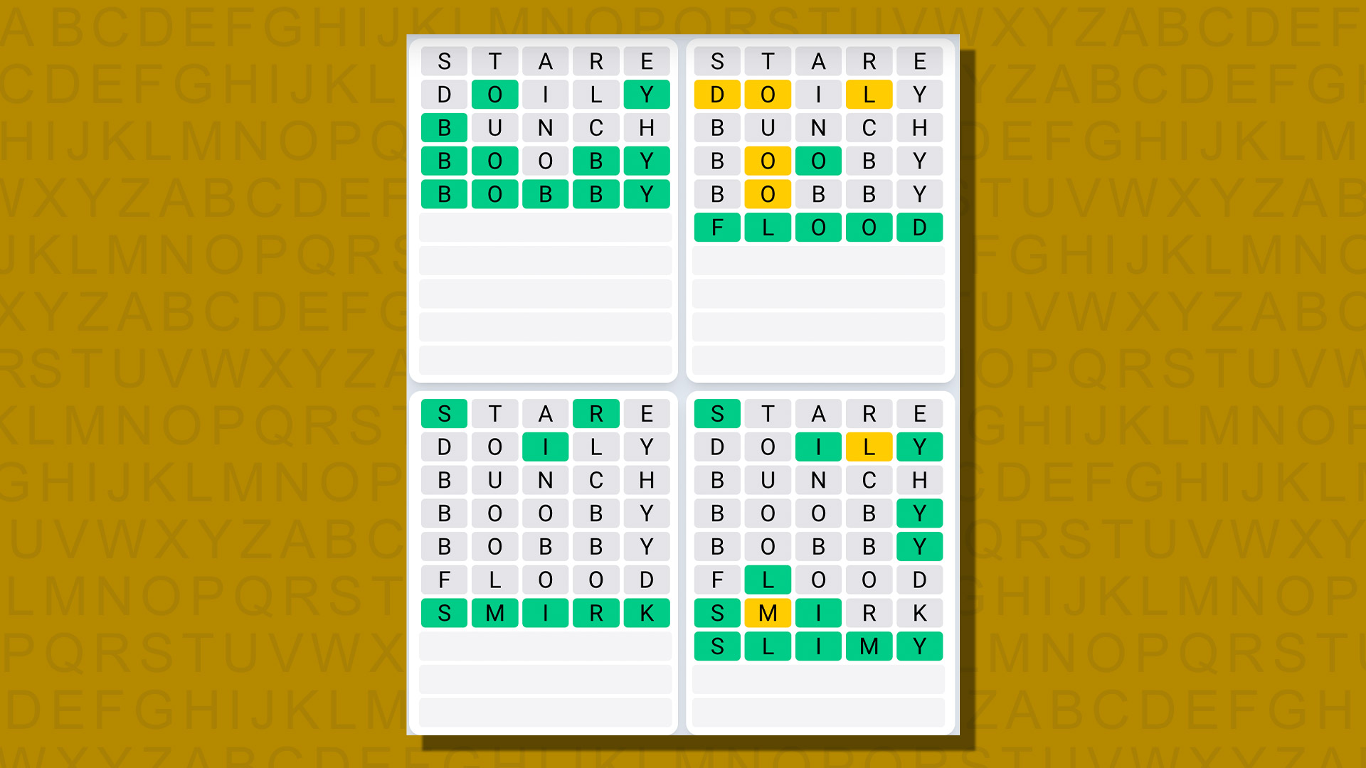 Quordle daily sequence answers for game 723 on a yellow background
