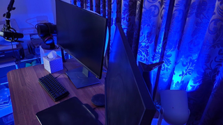 Nanoleaf Essentials Matter Lightstrip set-up on a desk.