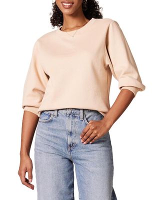 Amazon Essentials Women's French Terry Fleece Sleeve Detail Crewneck Sweatshirt, Beige, Large