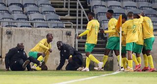 Evidence Makgopa of Bafana Bafana celebrates goal with teammates during the International Friendly match between South Africa and Uganda