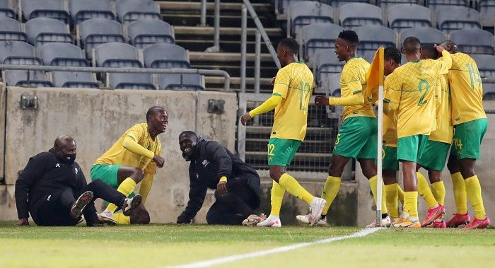 Evidence Makgopa of Bafana Bafana celebrates goal with teammates during the International Friendly match between South Africa and Uganda