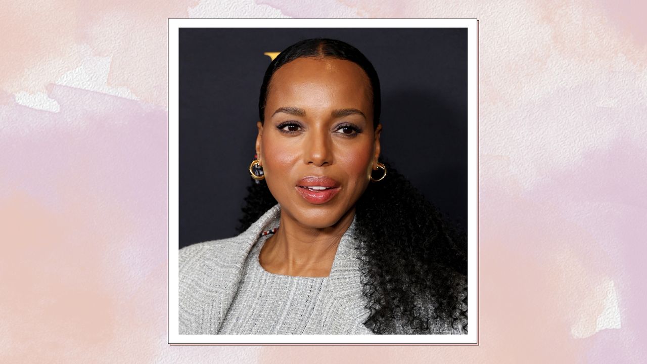 Kerry Washington is pictured with glowing skin and grey eyeshadow at The HISTORY Channel HISTORYTalks at Academy Museum of Motion Pictures on September 21, 2024 in Los Angeles, California/ in a peach and purple watercolour paint-style template