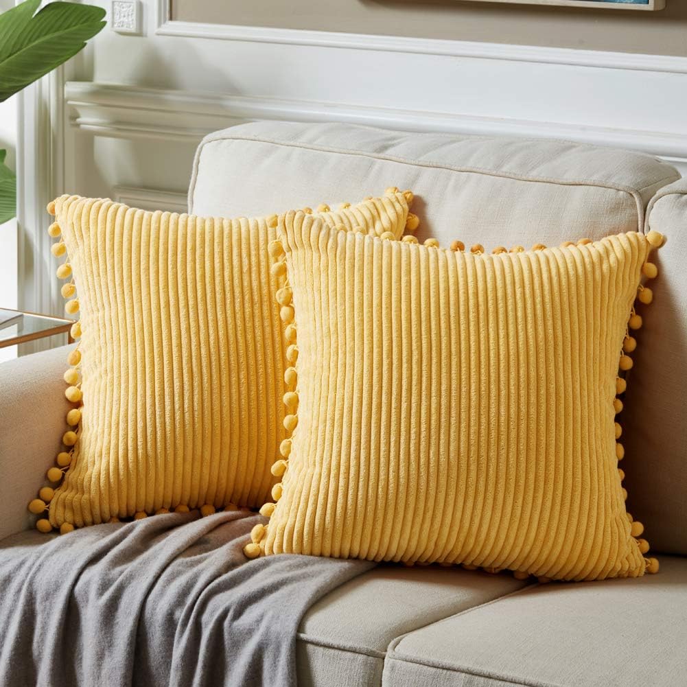 Yellow Accent Decorative Throw Pillow Covers with Pom-poms