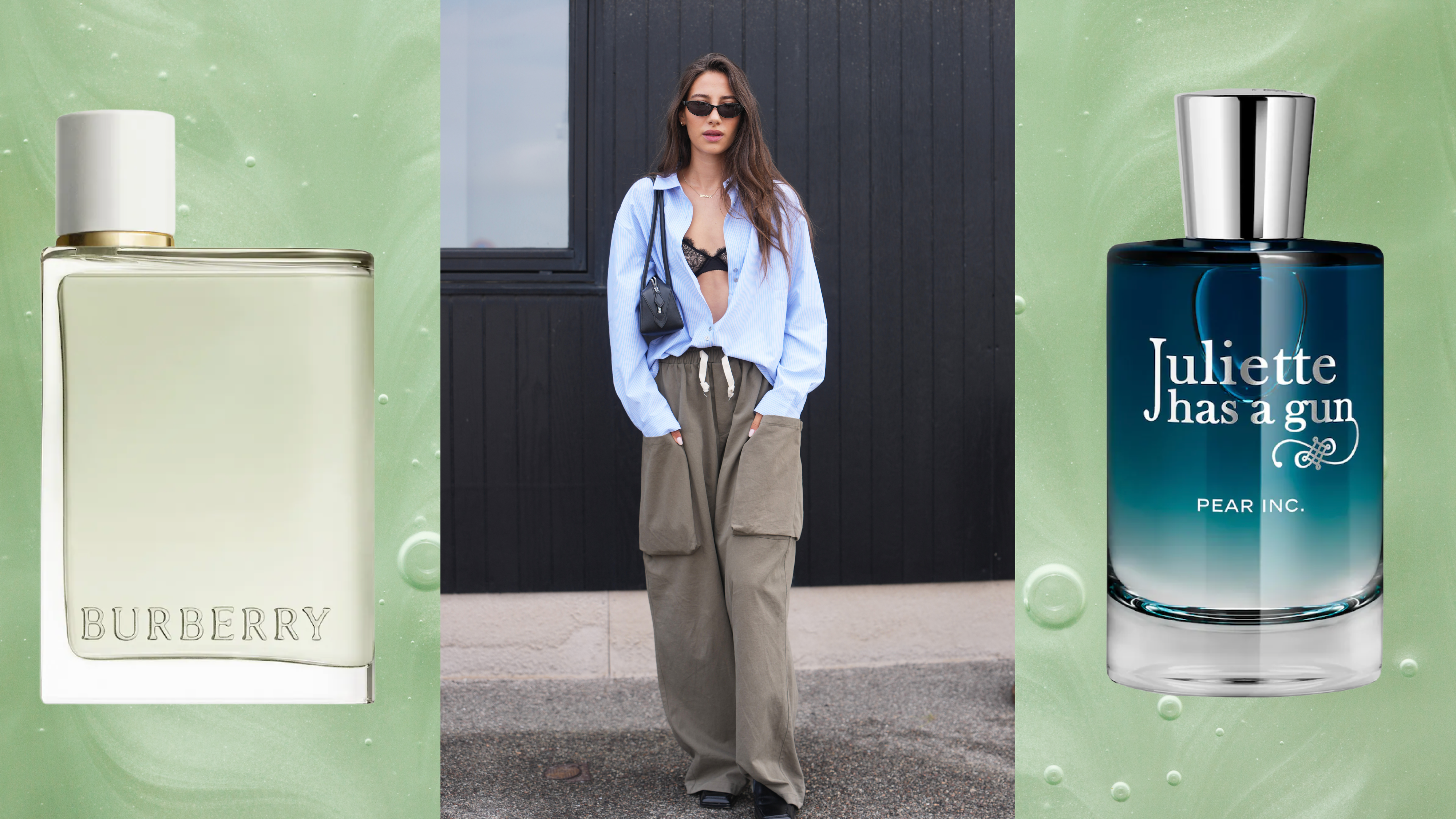 A woman wearing a white button up, taupe pants and a lace bra with a black shoulder bag. She is next to two bottles of pear perfume.
