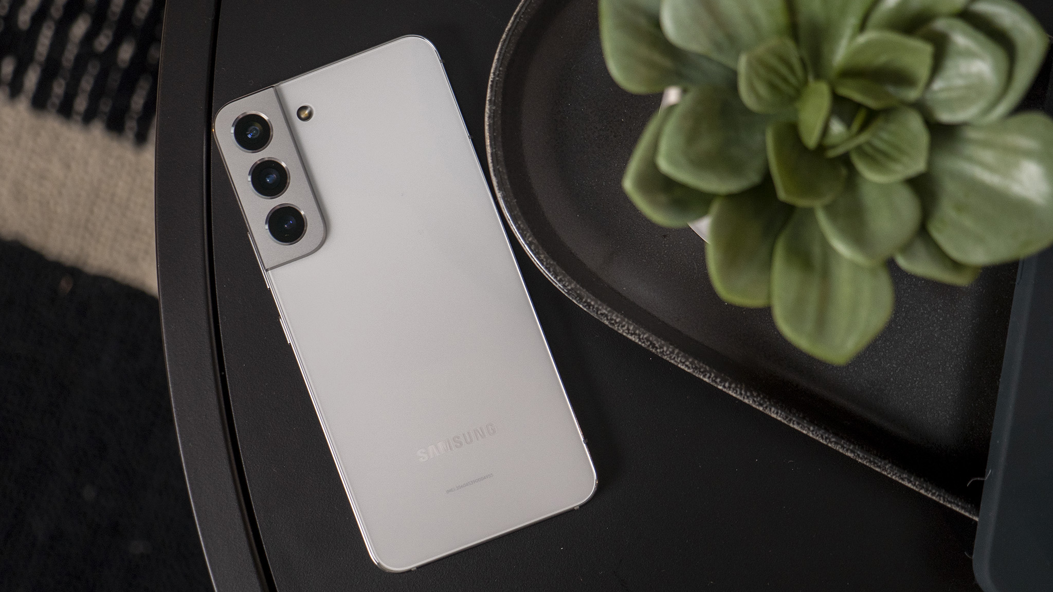 A White Samsung Galaxy S22 Plus next to a succulent plant on a table