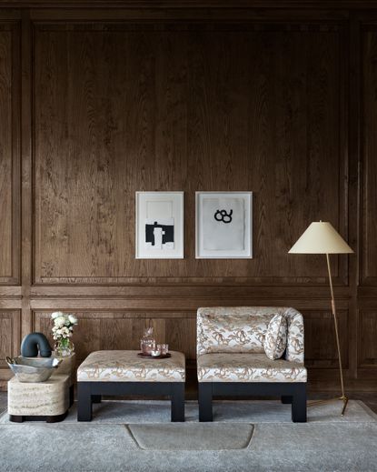 Left: Desk with various ornaments. Right: Chairs & table with lamp