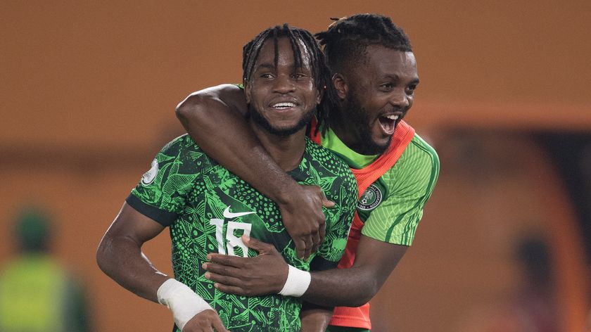 Ademola Lookman (left) and Chidozie Awaziem of Nigeria celebrate victory in the Total Energies CAF Africa Cup of Nations round of 16 match between Nigeria and Cameroon at Stade Felix Houphouet-Boigny on January 27, 2024 in Abidjan, Ivory Coast.