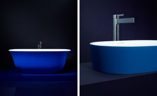 Dark background, two images of a blue and white free standing bathtub, silver taps