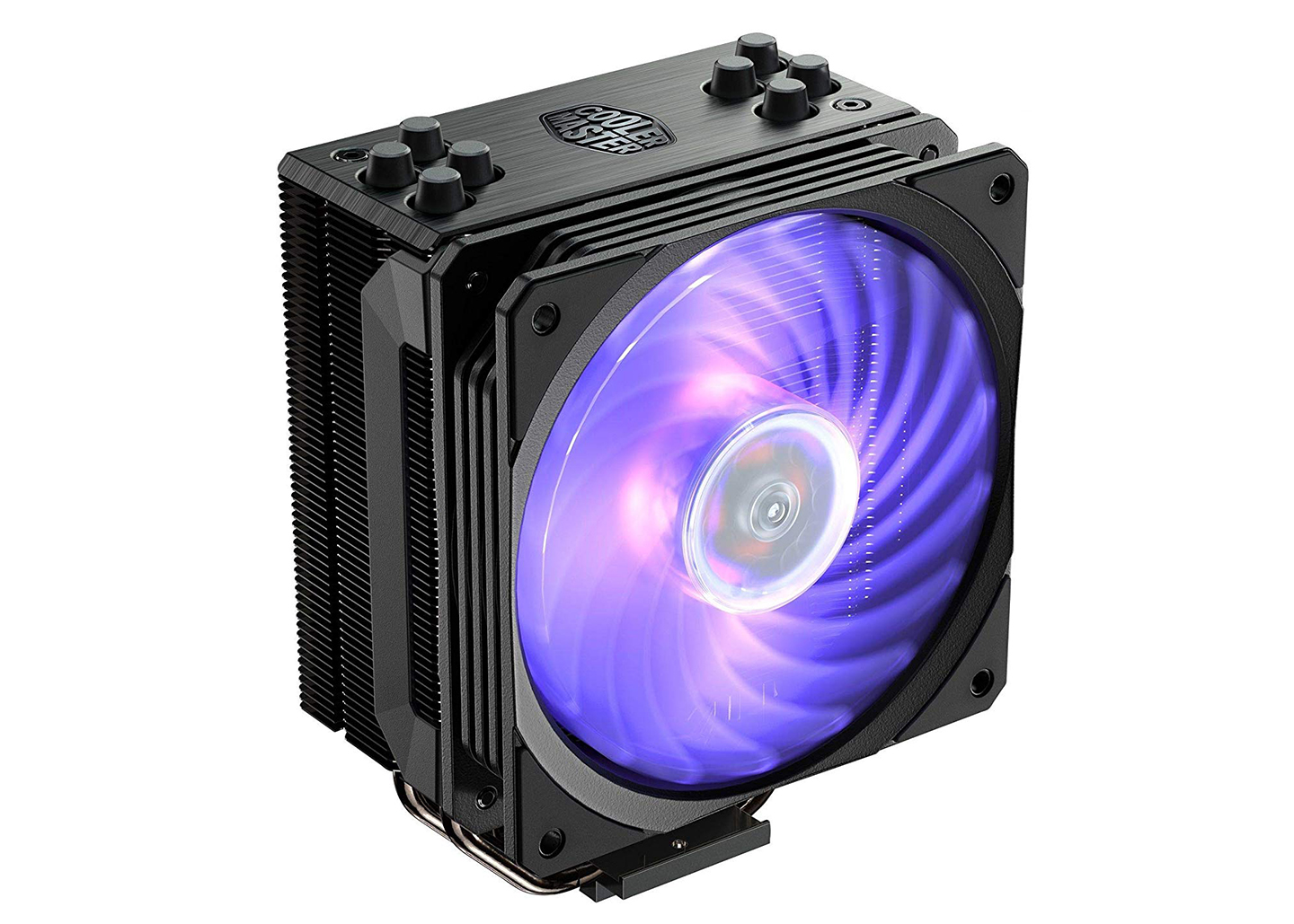 Cooler Master Hyper 212 RGB Black Edition with its RGB lighting on at an angle on a white background