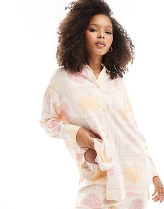 Asos Design Relaxed Shirt With Linen in in Tile Print