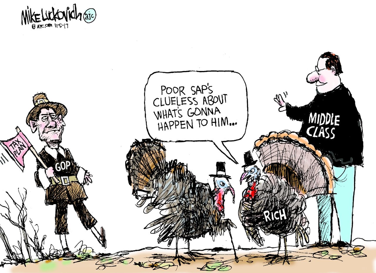 Political cartoon U.S. GOP tax plan middle class Thanksgiving