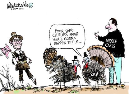 Political cartoon U.S. GOP tax plan middle class Thanksgiving