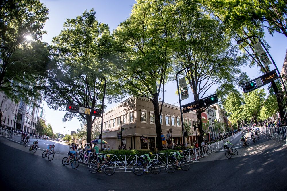 The men get strung out through downtown Greenville