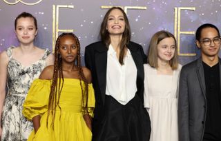 Shiloh Jolie-Pitt, Zahara Jolie-Pitt, Angelina Jolie, Vivienne Jolie-Pitt and Maddox Jolie-Pitt attend the "Eternals" UK Premiere at the BFI IMAX Waterloo on October 27, 2021 in London, England.