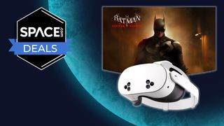 A white VR headset is in front of an image of batman, all with a white glow around the edge, in front of a blue planet with the space.com logo in the top left corner