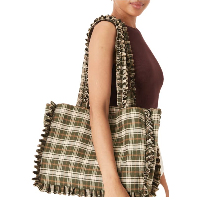 My Accessories, Ruffle Tote Bag in Olive Green Check