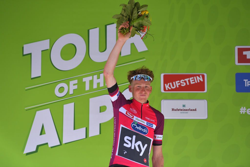 Tao Geoghegan Hart (Team Sky) in the leader's jersey after stage 1 of the Tour of the Alps.