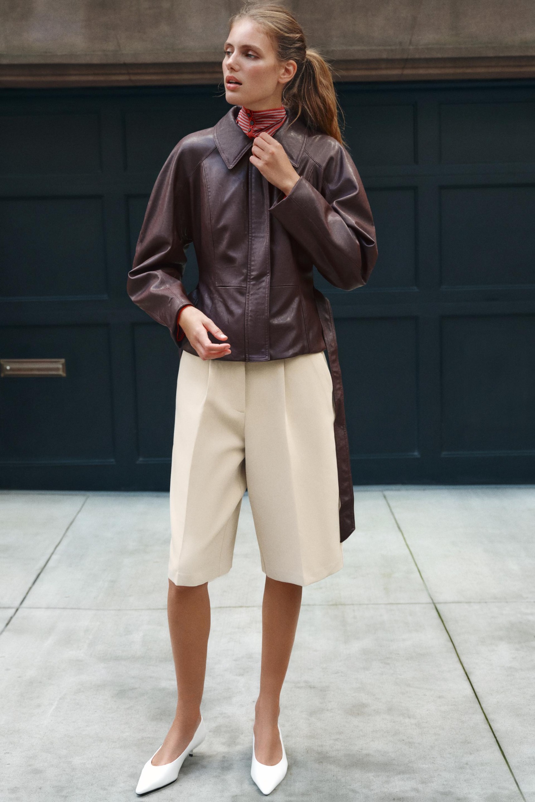 Leather-Effect Belted Jacket - Burgundy - Xs