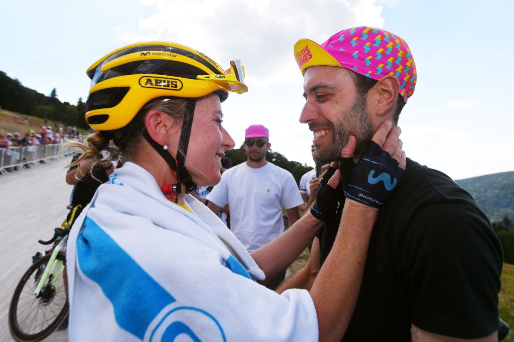 PLANCHE DES BELLES FILLES FRANCE JULY 31 Stage and overall winner Annemiek Van Vleuten of Netherlands and Movistar Team Yellow Leader Jersey celebrates with her mate after the 1st Tour de France Femmes 2022 Stage 8 a 1233km stage from Lure to La Super Planche des Belles Filles TDFF UCIWWT on July 31 2022 in Planche des Belles Filles France Photo by Dario BelingheriGetty Images