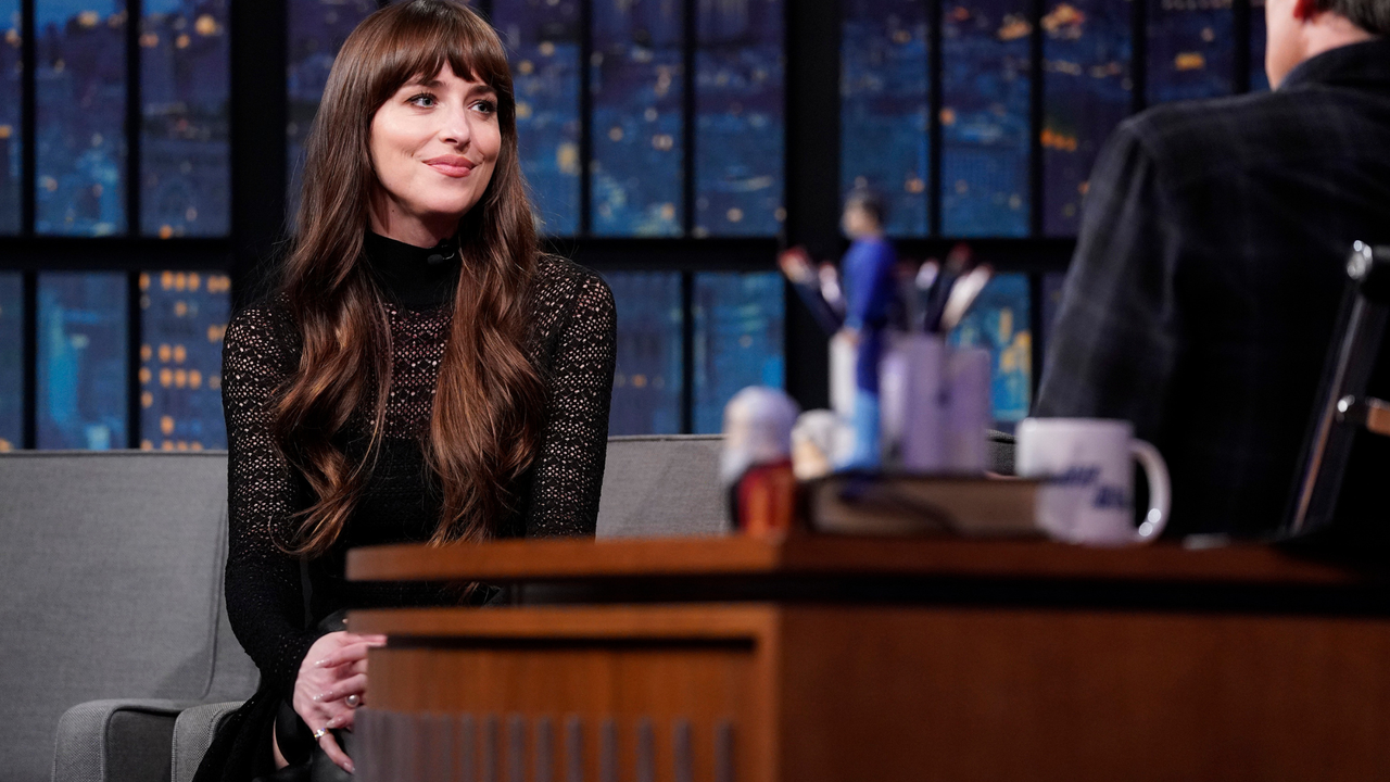 Actress Dakota Johnson during an interview with host Seth Meyers on February 7, 2024