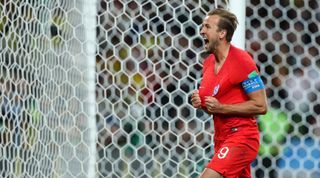 MOSCOW, RUSSIA - JULY 03: Harry Kane of England celebrates as he scores the goal 0:1 during the 2018 FIFA World Cup Russia Round of 16 match between Colombia and England at Spartak Stadium on July 3, 2018 in Moscow, Russia.