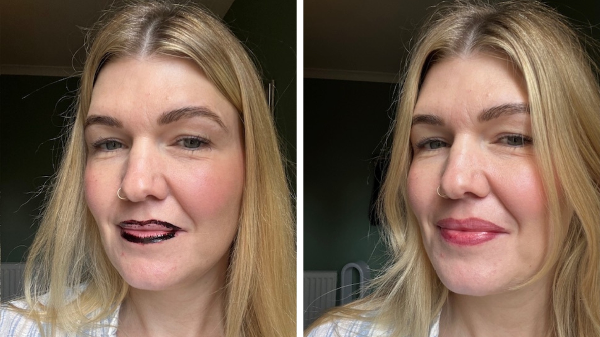 Collage of photos showing Fiona McKim during and after testing the Sacheu Lip Liner Stain