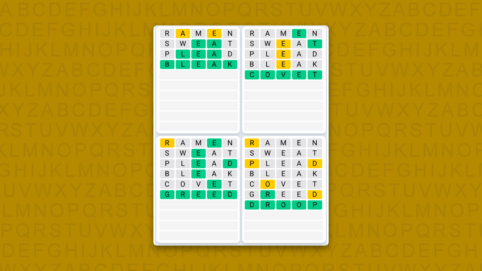 Quordle Daily Sequence answers for game 1624 on a yellow background