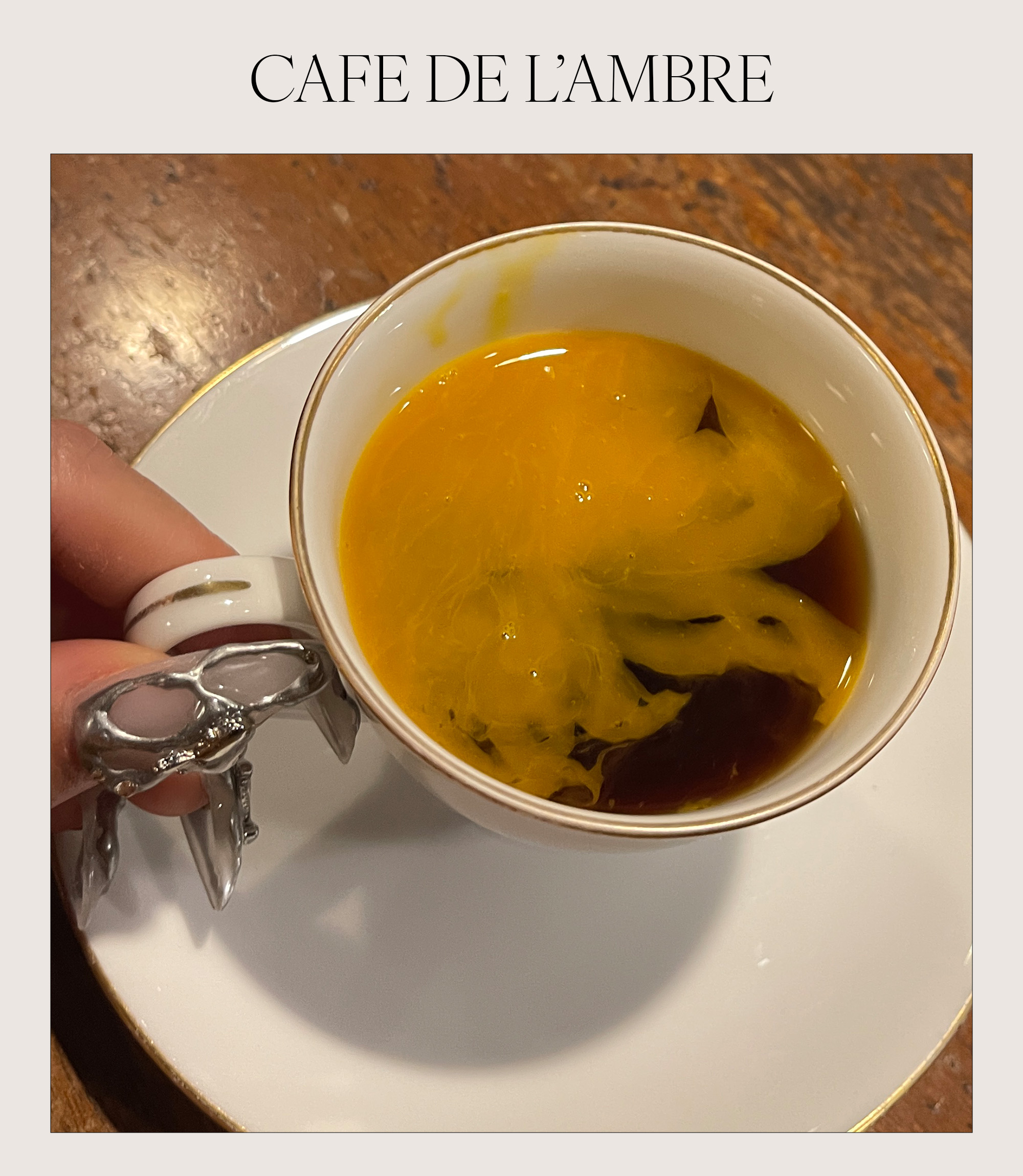 Collage of interiors at Caf&amp;eacute; de L'Ambre in Tokyo.