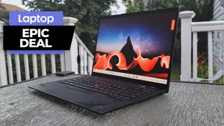 Lenovo ThinkPad X1 Carbon Gen 11 outside on a wooden plank