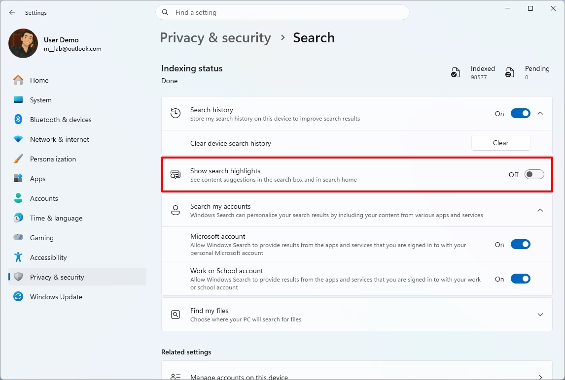 Windows 11 Settings on the Search page showing the Show search highlights option disabled.