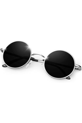 Kanastal Silver Black Round Sunglasses Mens Womens Polarised Circle Circular Dark Black Sun Glasses Ladies Uv Small Retro Wire - Silver Metal Frame Black Lens