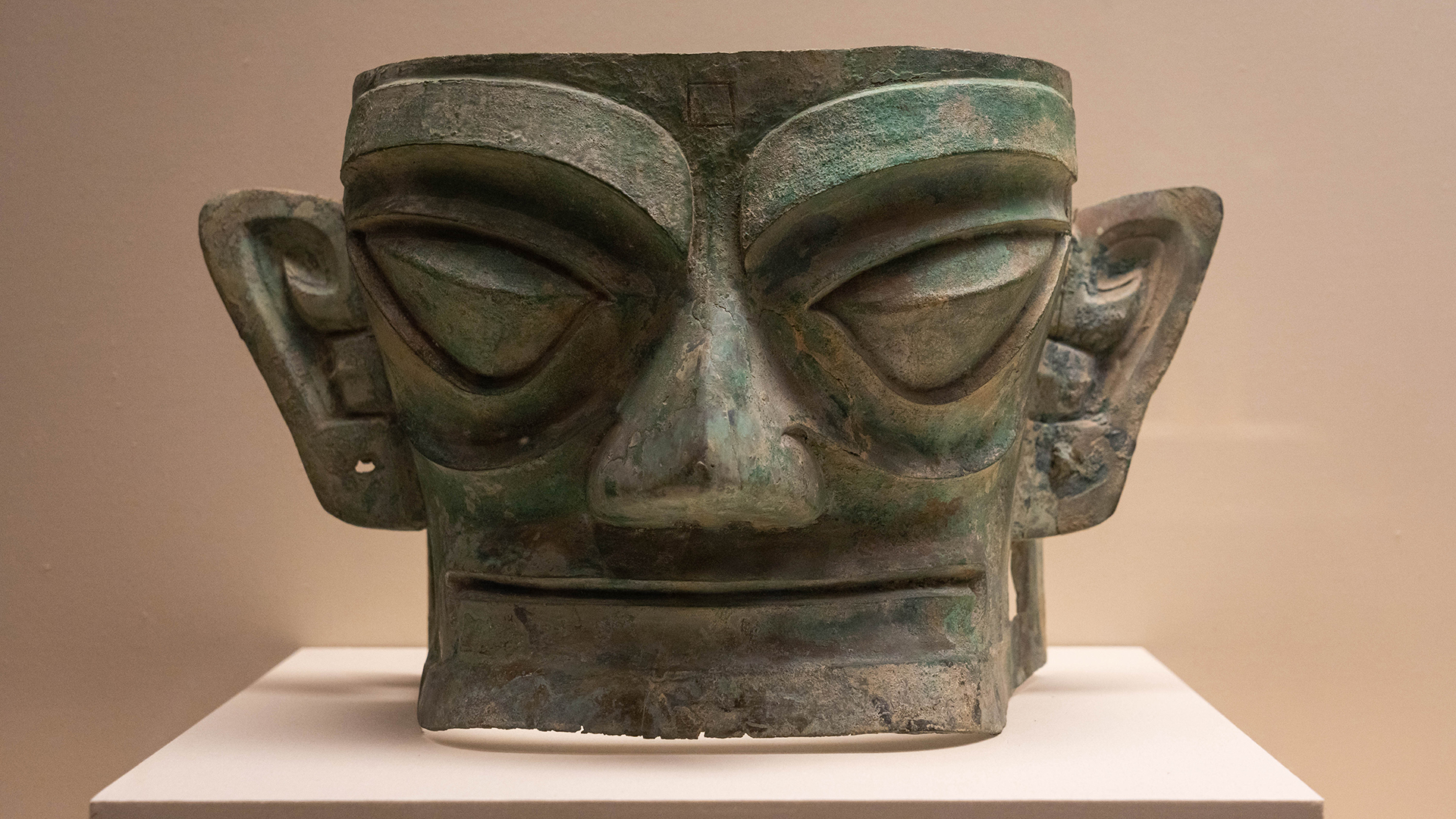 Bronze mask found in pits at Sanxingdui in China.
