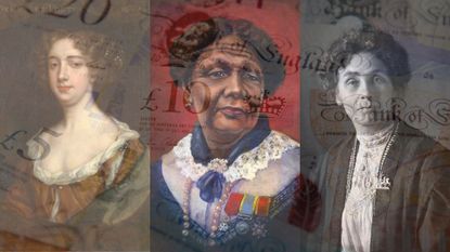 Aphra Behn, Mary Seacole and Emmeline Pankhurst appear in front of UK banknotes (images: Getty Images)