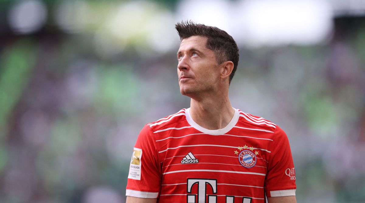 Bayern Munich striker Robert Lewandowski, looking upwards