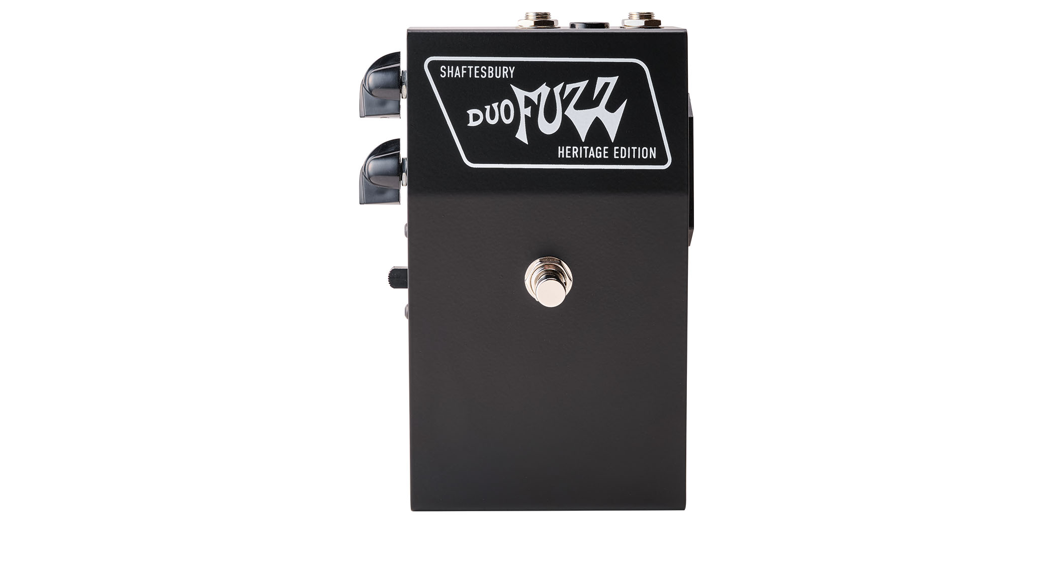 Shaftesbury Duo Fuzz Heritage Edition; the vintage reissue of a classic fuzz presents two circuits in the old-school wedge-shaped black enclosure with chickenhead knobs.