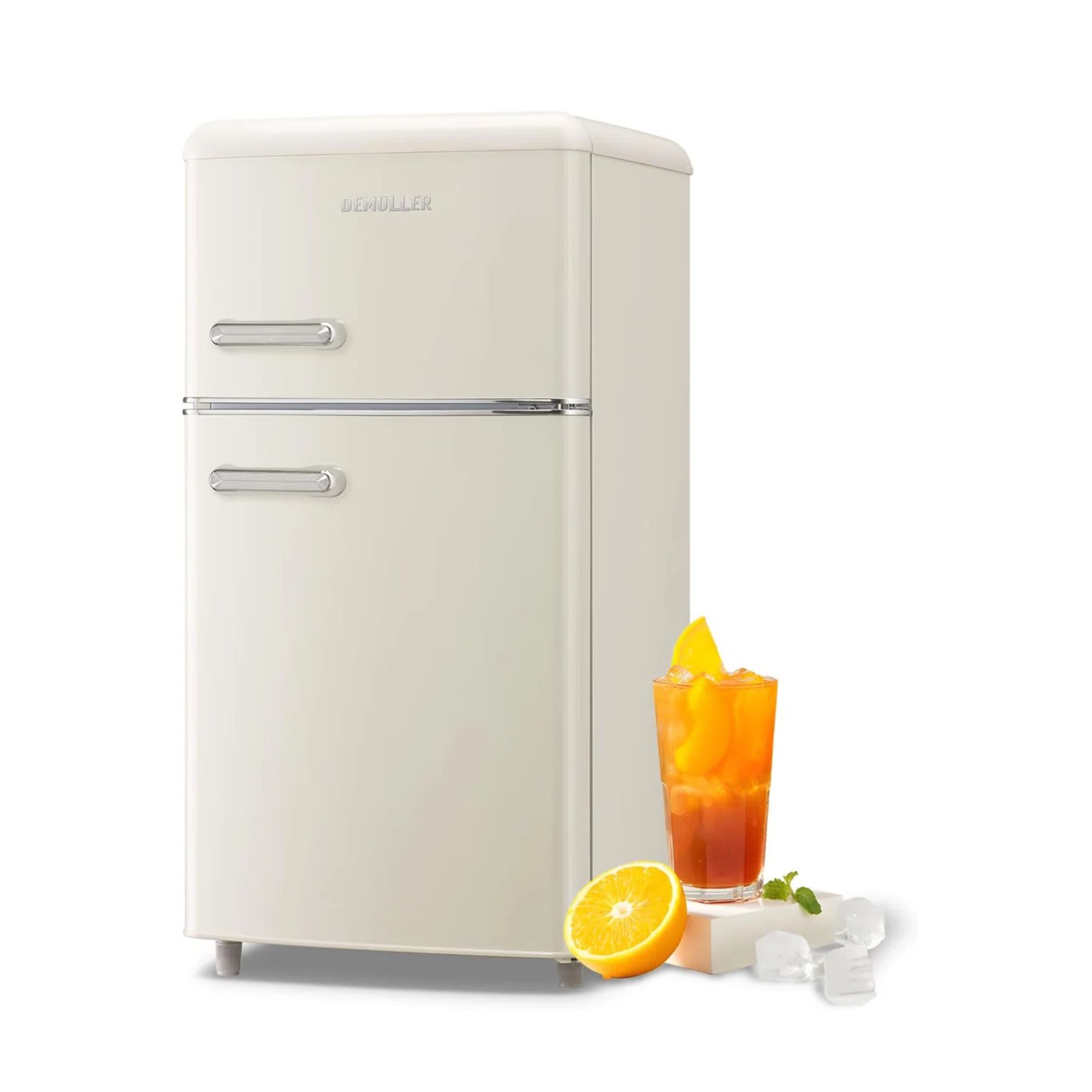 White mini fridge with two doors