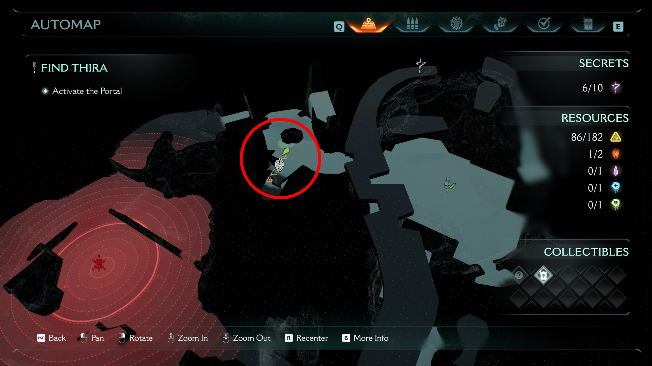 Doom: The Dark Ages Chapter 15 secrets collectibles City of Ry'uul - A map highlighting a ruby location near a large combat encounter.