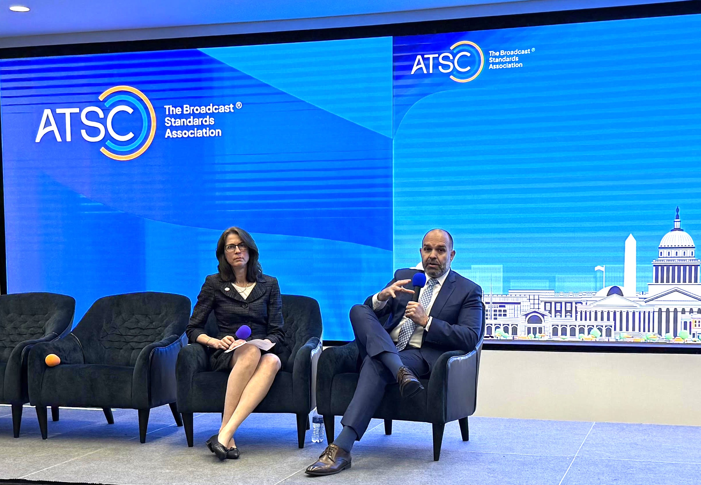 Madeleine Noland, president of ATSC, and NAB president and CEO Curtis LeGeyt at the ATSC annual meeting on June 2. 