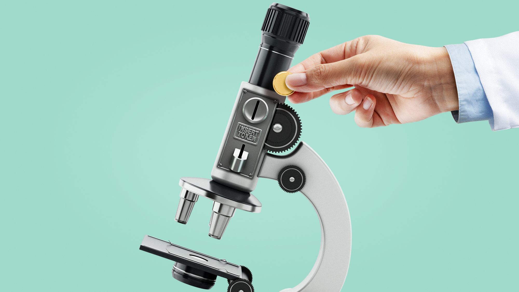 Illustration of a scientist in a lab coat inserting a token into the coin slot on a microscope