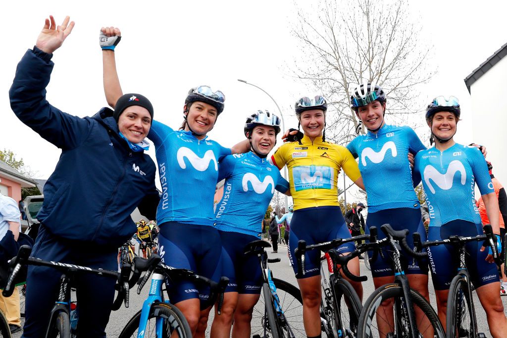GARNICH LUXEMBOURG MAY 02 Aude Biannic of France Barbara Guarischi of Italy Emma Norsgaard Jorgensen of Denmark Yellow Leader Jersey Alba Teruel Ribes of Spain Lourdes Oyarbide Jimenez of Spain Leah Thomas of United States and Movistar Team celebrates at arrival during the 13th Ceratizit Festival Elsy Jacobs 2021 Stage 2 a 1053km stage from Garnich to Garnich felsy UCIProSeries on May 02 2021 in Garnich Luxembourg Photo by Bas CzerwinskiGetty Images