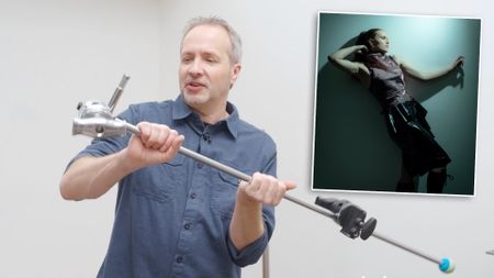 Screen shots from Adorama and Gavin Hoey's video on 3 Smart Ways to Use Grip Arms, showing Gavin holding a grip arm with an inset picture of a model captured using the grip arm 