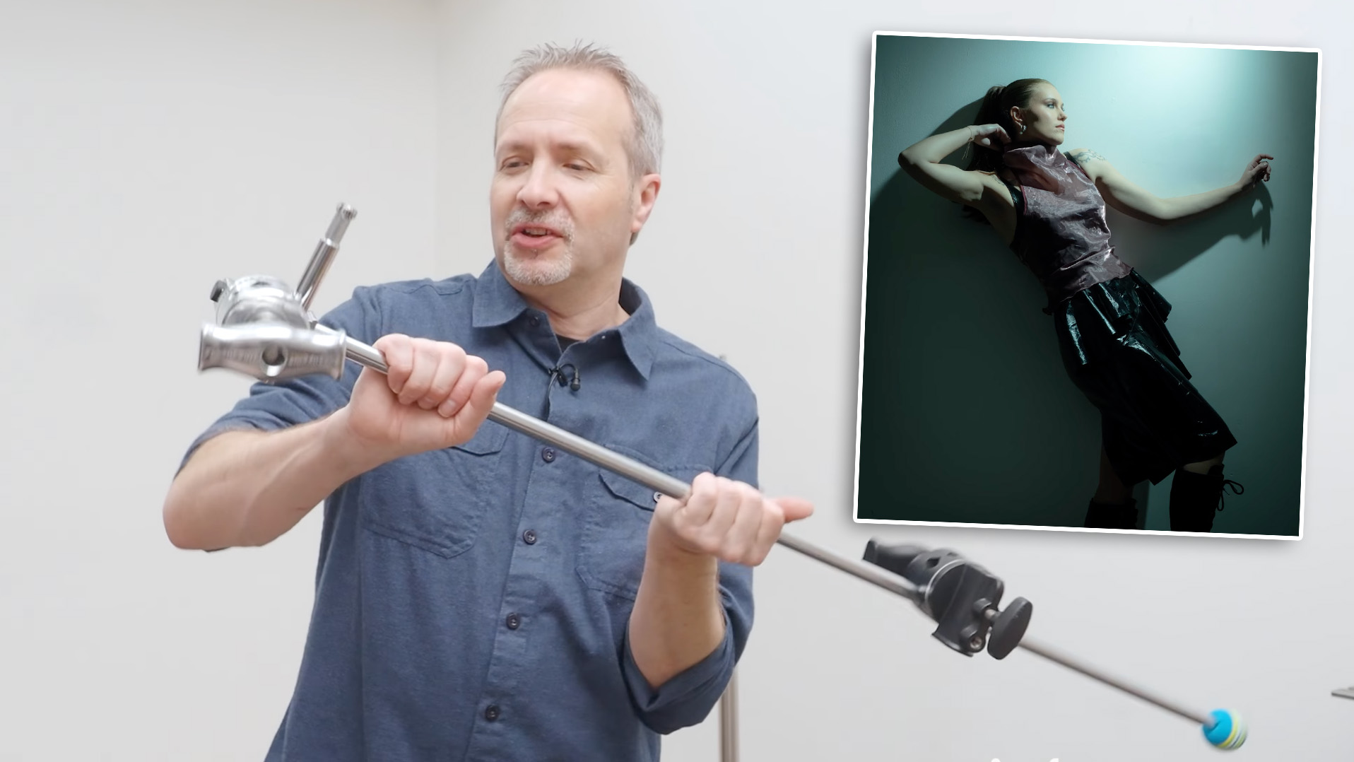 Screen shots from Adorama and Gavin Hoey's video on 3 Smart Ways to Use Grip Arms, showing Gavin holding a grip arm with an inset picture of a model captured using the grip arm 