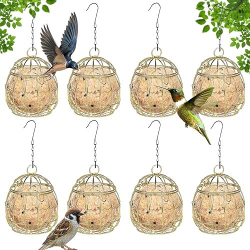 8 Pcs Suet Ball Feeders - Metal Hanging Bird Feeder for Outdoors Garden Backyard, Bird Suet Holder With Hooks Durable for Wild Birds (gold)