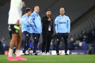 Former Manchester City player Sergio Aguero talks to Pep Guardiola, Manager of Manchester City, during the Manchester City Training Session ahead of the UEFA Champions League 2022/23 final on June 09, 2023 in Istanbul, Turkey. (Photo by Michael Steele/Getty Images)