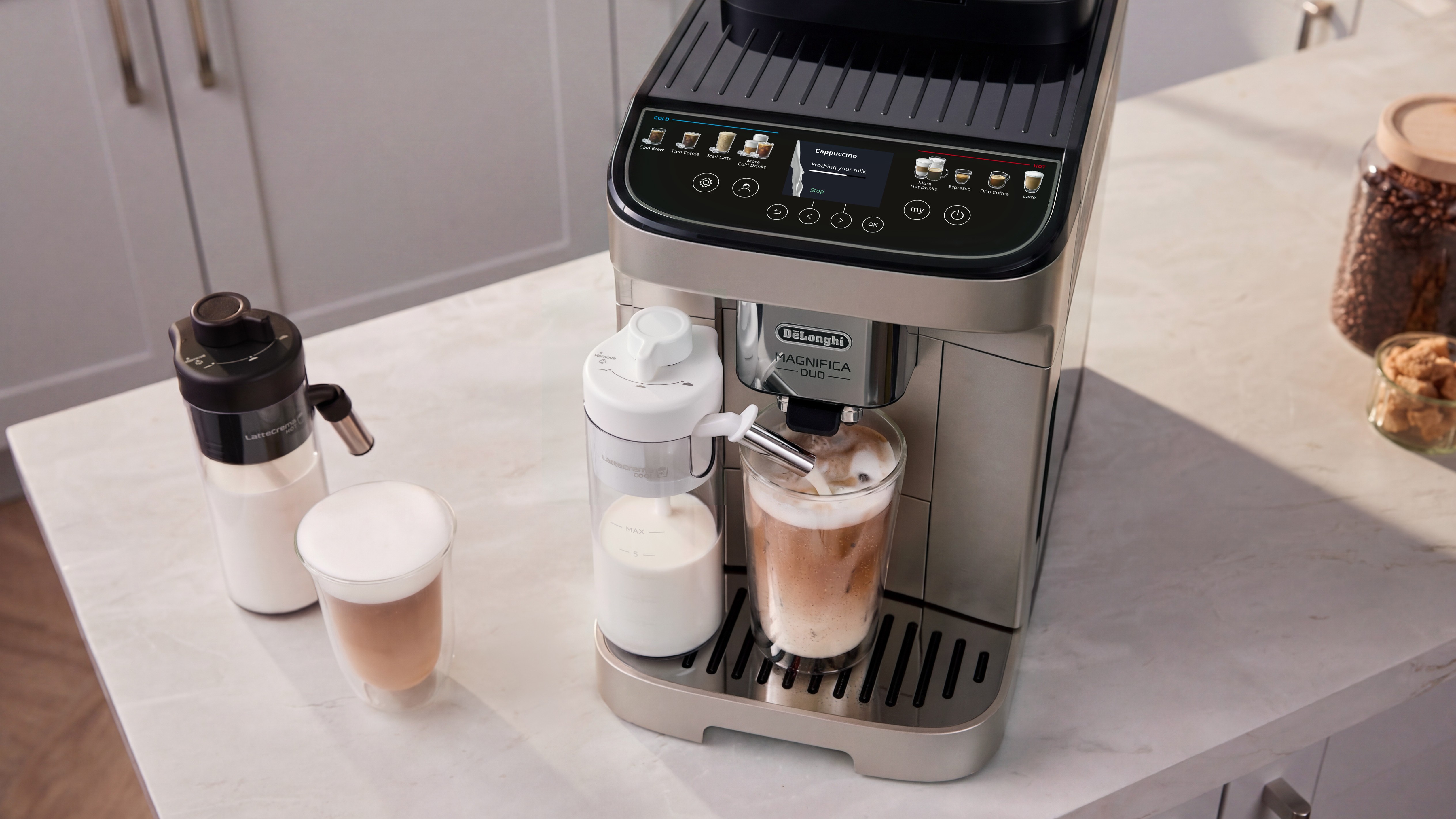 De'Longhi Magnifica Duo coffee maker preparing an iced coffee