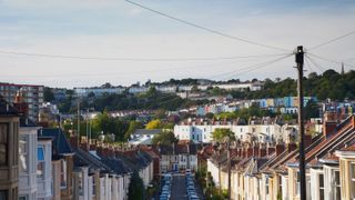 Row of houses along street in Southville, Bristol, England