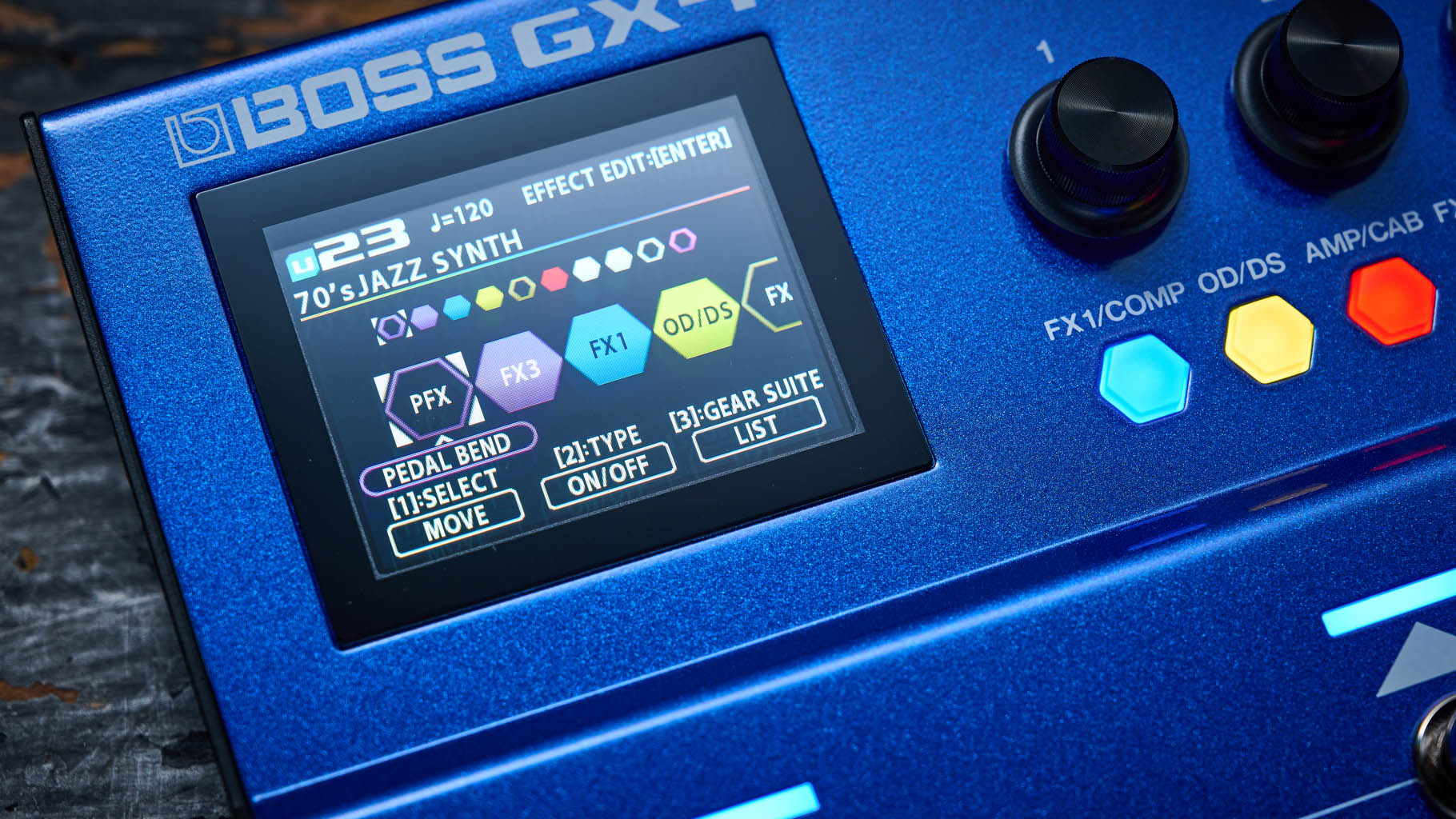 Boss GX-1B, the multi-effects pedal designed specifically for bass has a blue enclosure, three assignable footswitches and an integrated expression pedal &amp;ndash; and it's digital display is easy to read.