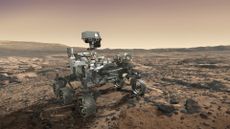 An illustration depicting the squat, white NASA Perseverance rover on Mars