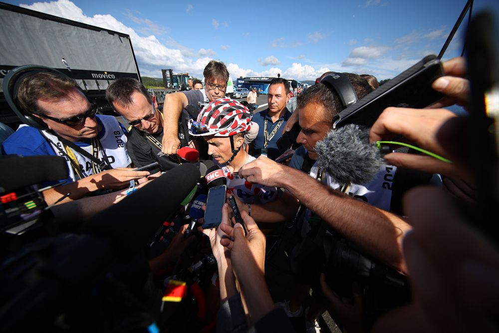 Julian Alaphilippe meets the press after stage 14 at the Tour de France