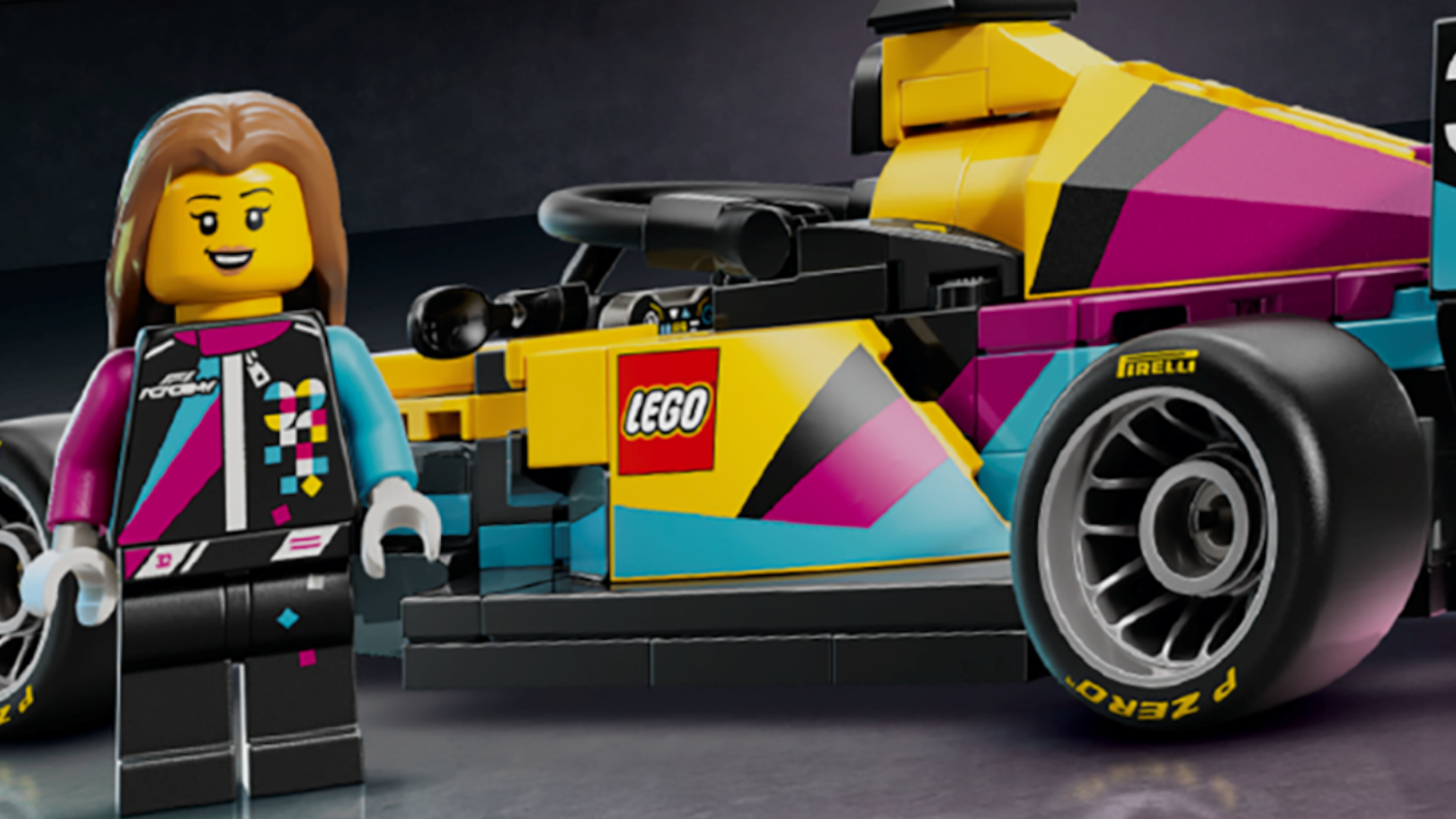 Lego Speed Champions F1 car and minifigure on a dark background